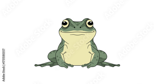 A curious green frog sits calmly observing its surroundings with wide eyes on a white background.