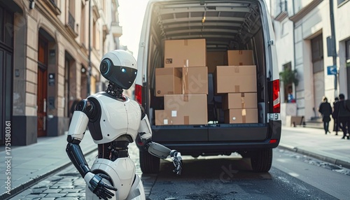 Humanoid Robot Loading Delivery Van Urban Street Scene