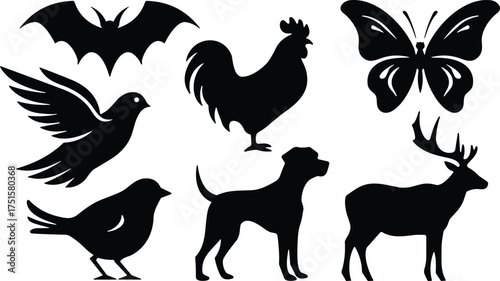 Set of black silhouette icons of various animals including bat, bird, butterfly, dog, deer, and rooster for design