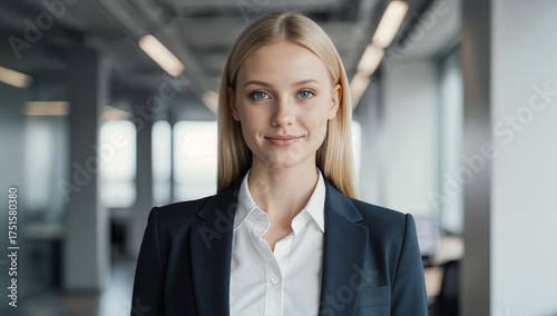 A confident woman dressed in a suit stands in a modern office. She smiles while posing for a portrait, illuminated by natural light from large windows, showcasing a professional atmosphere