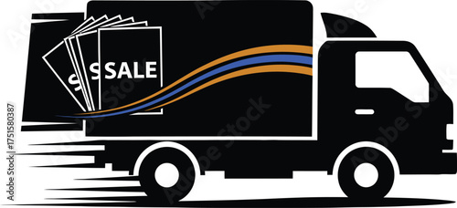 Fast delivery truck black vector illustration in motion with a sale graphic on the side and dynamic stripes, symbolizing quick shipping, promotion, and ecommerce service.
