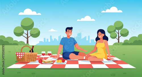 A couple is having a romantic picnic in the park, enjoying each others company and the beautiful scenery on a sunny day with blue sky