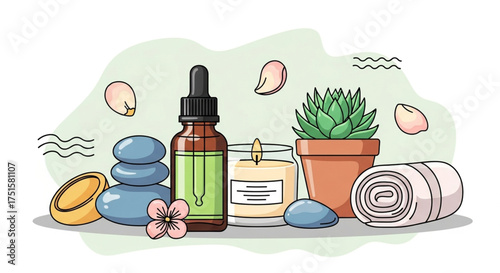 Spa and wellness items illustration selfcare concept with essential oil, candle, plant, towel, and stones