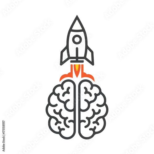 Rocket launching from brain symbolizes creative ideas taking off, representing innovation and problemsolving with a modern and minimalist aesthetic.