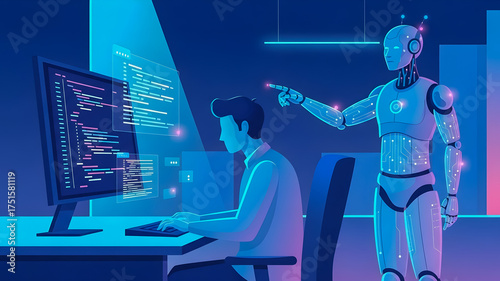 Futuristic AI Robot Assistant Guiding Man Coding on Computer Screen