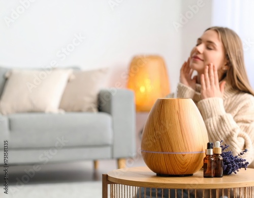 Serene Home Ambiance with Wood Diffuser Lavender Oil and Relaxing Woman.