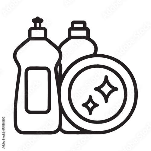 Sparkling clean dish soap bottles and plate icon for household chores