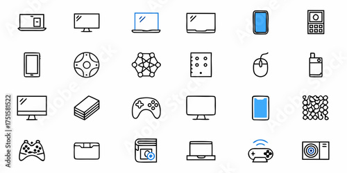 Digital Device Icons Set: Modern Tech Gadgets, Computers, Smartphones, Game Controllers, and More for Technology, Gaming, and Communication Concepts