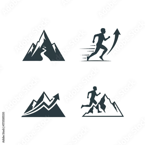 Silhouette of a runner sprinting up a mountain towards an upward arrow, symbolizing ambition and achievement in the wilderness, conveying a sense of determination.
