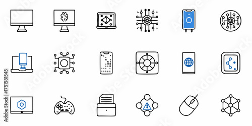 Modern tech icons showcase connectivity and devices, perfect for UI design, app development, and digital marketing, representing technology and innovation in a clean and simple style