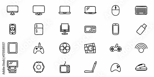 Hand drawn style tech gadgets and appliances like laptop, monitor, keyboard, smartphone, refrigerator, gaming console, camera, fan in modern line art