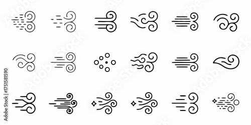 Dynamic line art collection of stylized wind swirls and gusts, perfect for weather apps or nature themed designs, conveying breezy and airy concepts in a modern simple style