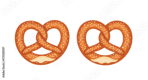 Two freshly baked pretzels with sesame seeds and a slightly burnt bottom part.
