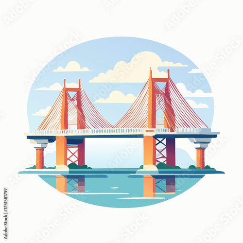 Modern cable-stayed bridge construction, a vibrant vector illustration. Architectural design spanning tranquil waters under bright sky, symbolizing connectivity
