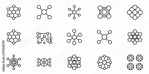 Unique molecule icons showcase scientific research, exploring nanotechnology and chemistry innovations, ideal for representing data connections and complex structures