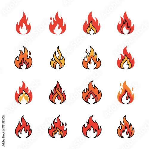 Collection of vibrant flame shapes flickering against a white backdrop, representing warmth, energy, and passion in a dynamic composition.