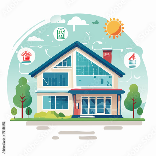 Construction and Sustainable Home Illustration A depiction of a modern house emphasizing eco-friendly concepts like solar panels and energy efficiency, showcasing construction elements