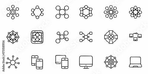 Modern connection network icons for technology, data, and innovation concepts, showing communication, digital devices, and networking solutions for business and science