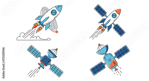 Illustration of rockets launching into space and satellites orbiting the Earth.