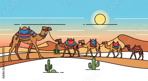 A caravan of camels travels across the desert landscape, with sand dunes, cacti, and a bright sun in the sky, creating a scene of arid beauty