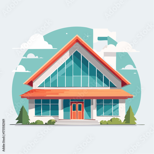 Modern House Construction Illustration A Stylish, Contemporary Home with Large Windows and a Red Roof Set Against a Blue Sky, Representing Real Estate and Architecture