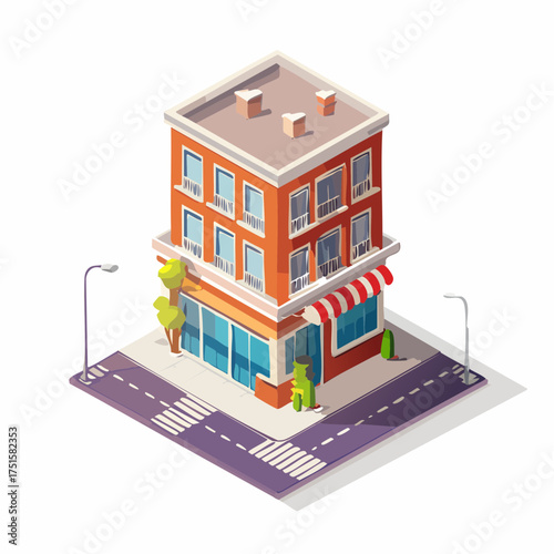 Isometric illustration of a modern commercial building construction with retail storefronts and apartments above, representing urban development and city planning