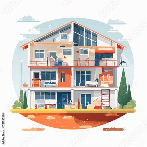 A modern flat vector illustration showing the cross-section of a residential house during the construction and renovation process
