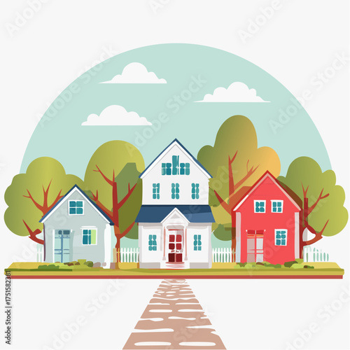 Modern construction design featuring a house with red roof, trees, and a chimney, showcasing residential construction and architectural elements