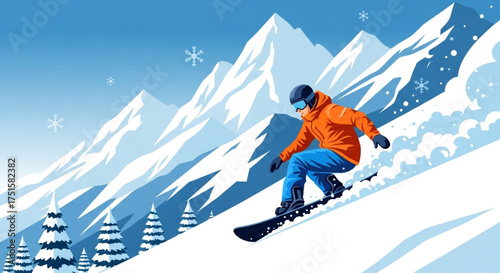 A snowboarder glides down a snowy mountain slope, surrounded by snowcovered trees and falling snowflakes under a bright blue winter sky