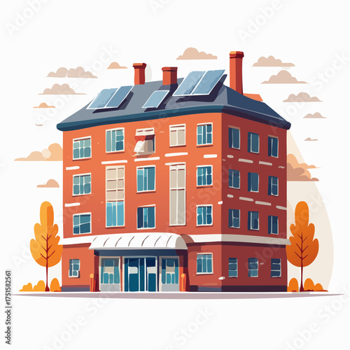 Eco-friendly construction A modern apartment building with solar panels, showcasing sustainable architecture and energy-efficient design for a greener future