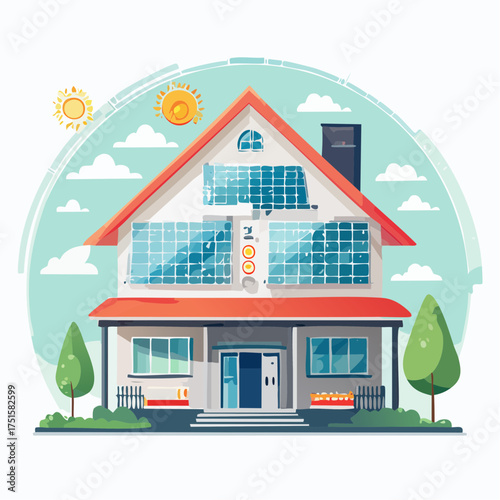A vector illustration of a modern family house with solar panels, showcasing sustainable architectural design and eco-friendly construction