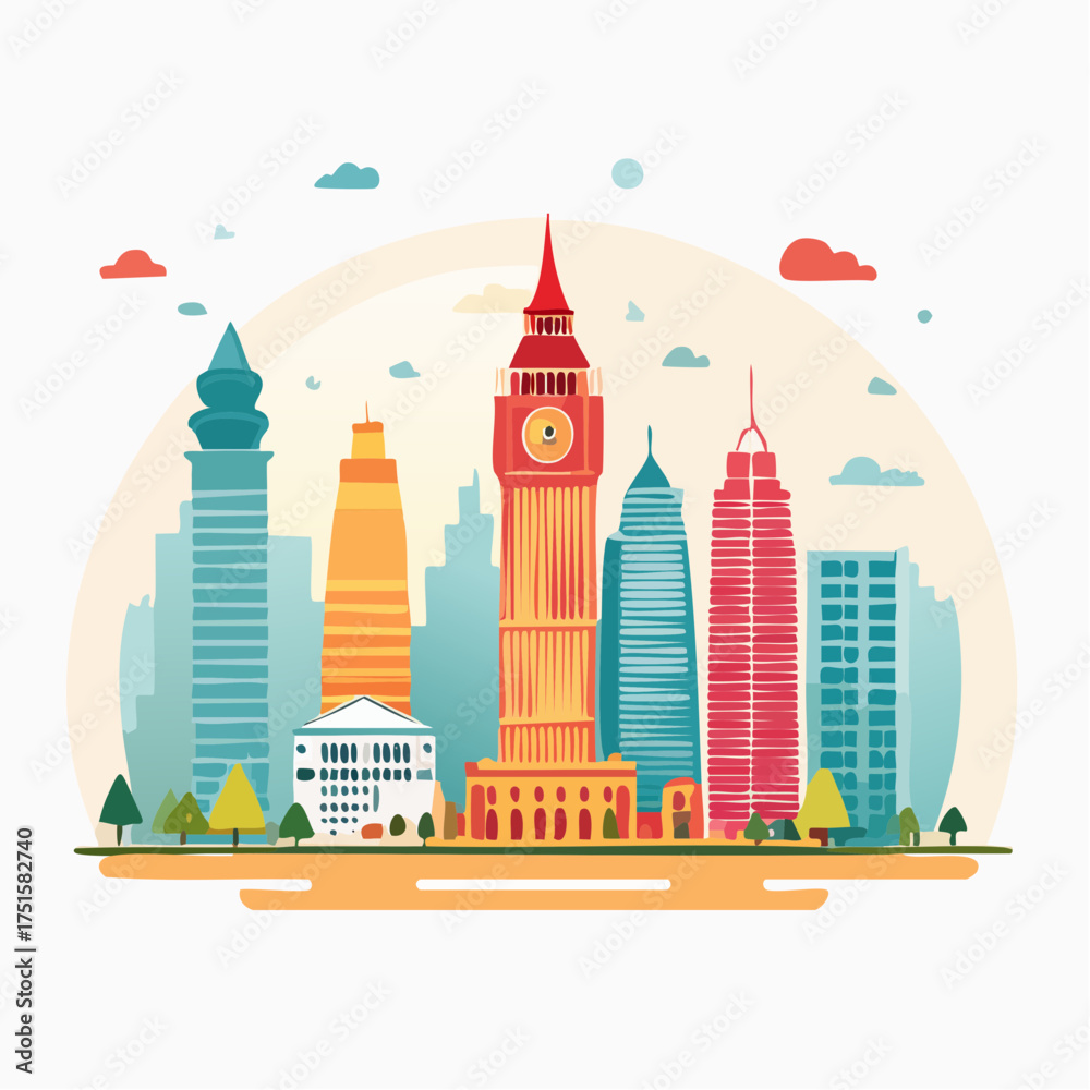 Obraz premium Colorful illustration of modern and historic construction in a city skyline with skyscrapers and Big Ben, evoking urban development and architectural diversity