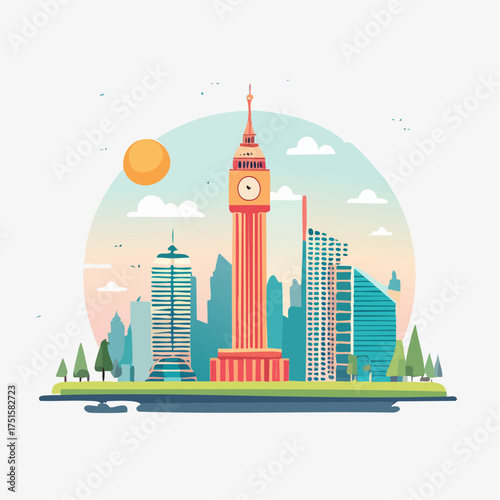 Construction illustration featuring Big Ben and other skyscrapers amidst a stylized cityscape, showcasing a vibrant design ideal for architectural concepts
