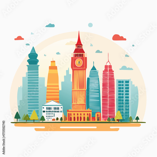 Colorful illustration of modern and historic construction in a city skyline with skyscrapers and Big Ben, evoking urban development and architectural diversity