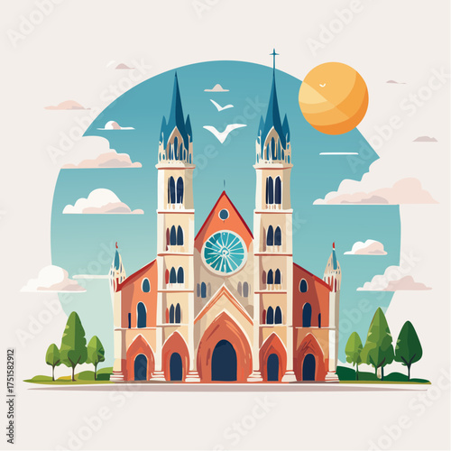 A beautiful vector illustration of a historic cathedral's architectural construction, set against a sunny sky with clouds and trees