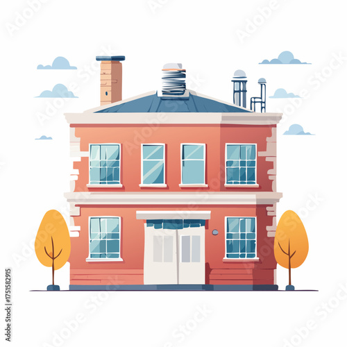 Flat design vector illustration of an old town building, representing real estate development and the art of classic brick construction