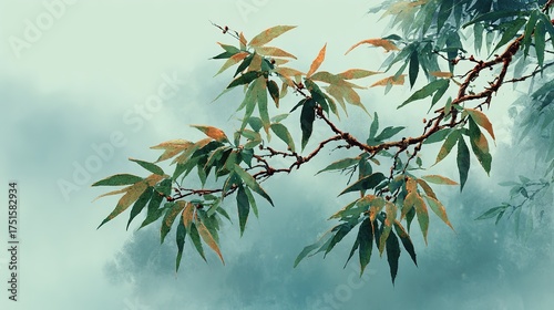 Delicate and Serene Nature Scene: Abstract Watercolor Painting of Bamboo Branches with Misty Background