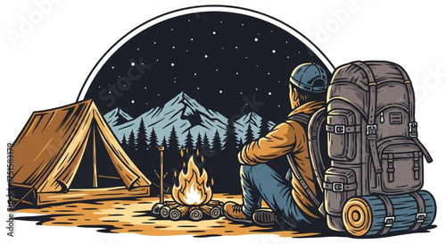 Man camping in nature at night enjoying campfire, tent, backpack, and mountain view under starry sky