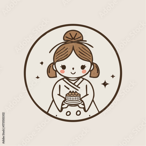 Cute cartoon girl in traditional dress holding a cake in a circle.