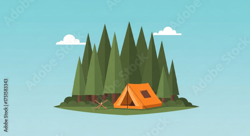 Camping tent in the forest with trees and clouds in the background, a perfect getaway for nature lovers, a place to relax and enjoy the outdoors