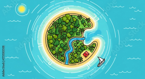 A tropical island paradise with lush greenery, a winding river, and a sailboat, ideal for vacation, travel, and adventure themes