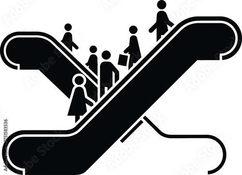 People going up and down on escalators, vector silhouette illustration of an urban crowd moving in a shopping mall, airport, or subway station, showing modern transportation.