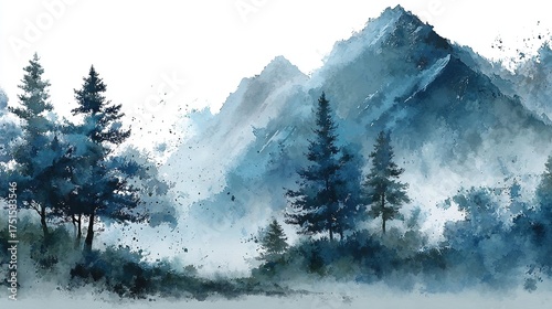Enchanting Fantasy Landscape on White Background: Watercolor Painting with Mountains, Trees, Fog, and Intricate Splashes