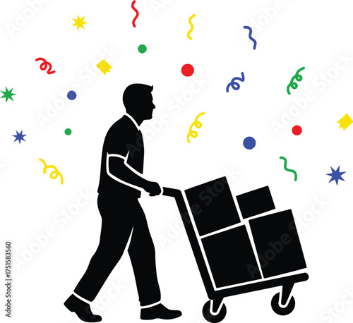 Delivery man or worker pushing a hand truck or trolley loaded with cardboard boxes, surrounded by colorful confetti, black vector silhouette for shipping, party, and successful delivery.