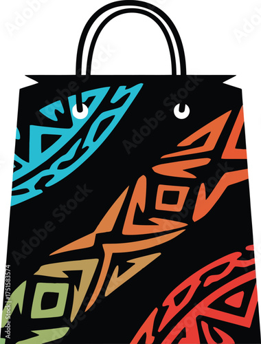 Black shopping bag with colorful, abstract, and tribal-style geometric patterns, vector illustration for fashion, retail branding, luxury goods, and unique promotional designs.