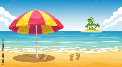 A serene beach scene with a colorful umbrella, footprints in the sand, and a distant tropical island under a clear blue sky, evoking a sense of relaxation