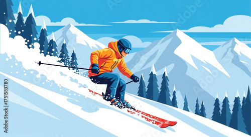 A dynamic illustration of a skier gliding down a snowy mountain slope, surrounded by pine trees and majestic peaks under a bright blue sky