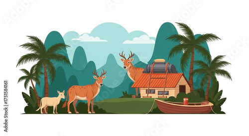 A serene tropical island scene with deer grazing near a house and boat, set against a backdrop of lush palm trees and distant mountains