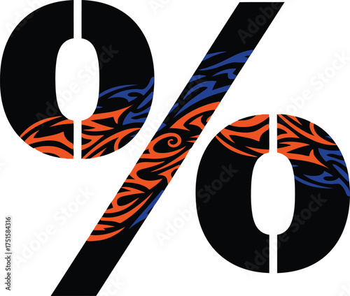 Stylized black percent symbol with a tribal orange and blue pattern in the stroke and zeros, aggressive vector art for tattoo design, discounts, and big sale promotions.