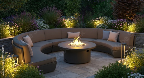 Luxury Outdoor Fire Pit Seating Area at Night